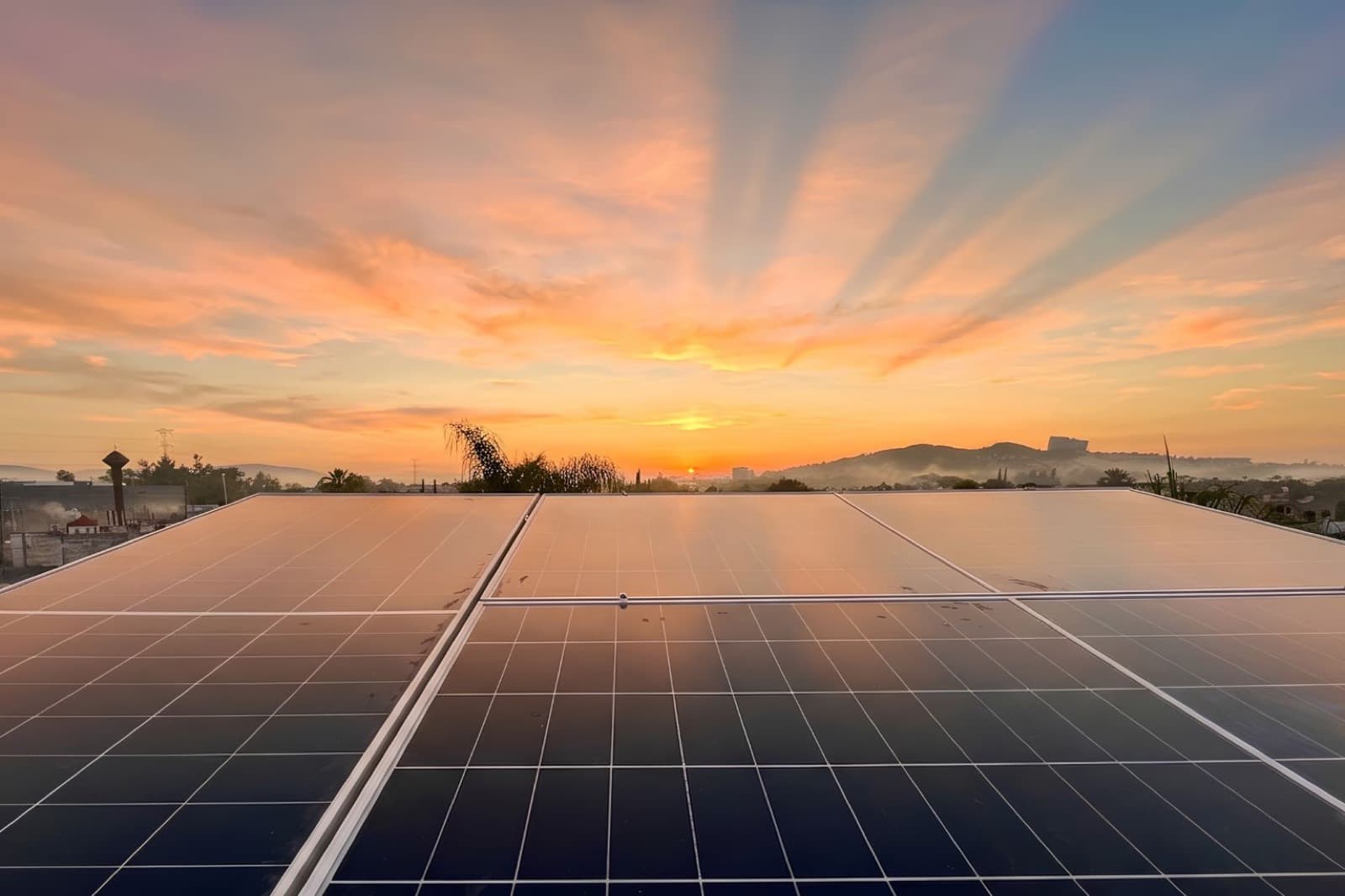Arreglo de paneles solares reflejando la luz del atardecer sobre la azotea de un inmueble en Jalisco